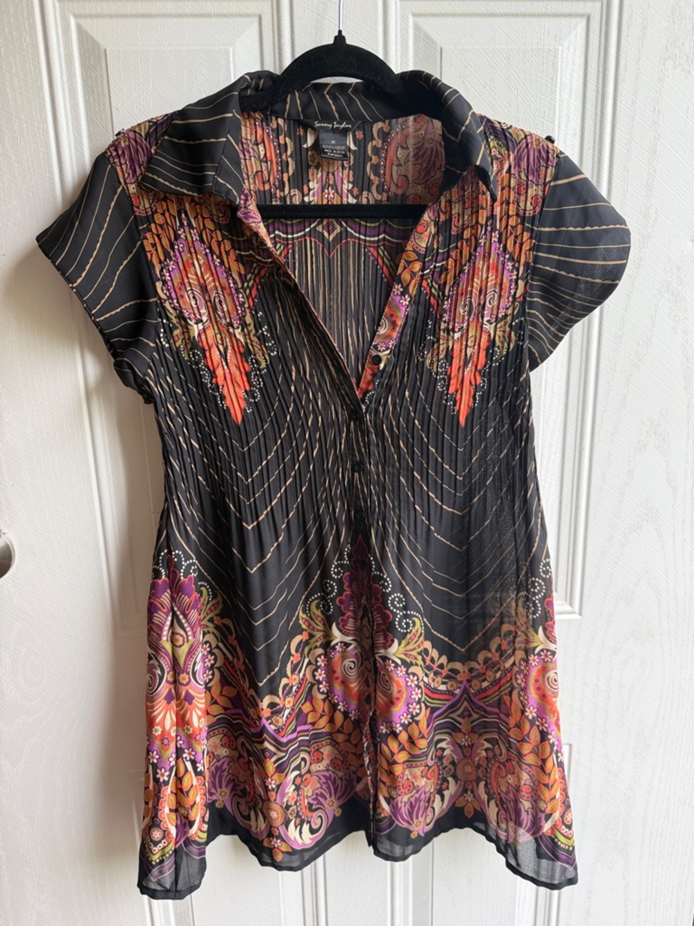 Sunny Taylor Boho Paisley Print Blouse Dress M Flowy Sheer Button Front Hippie